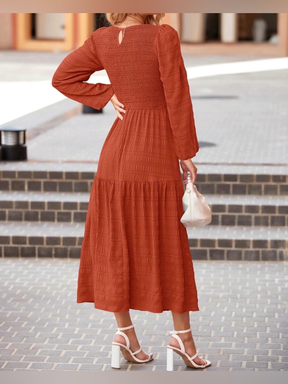 Women’s Boho Maxi Dress Smocked Tiered Puff Sleeve A-Line Fall Party Wedding M - Picture 3 of 16